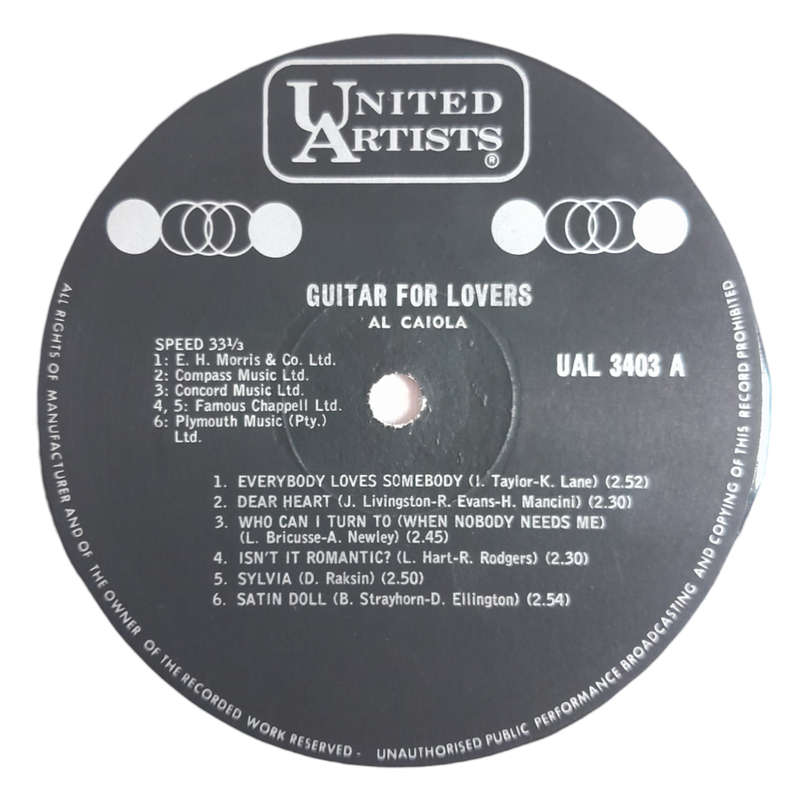 1964 Al Caiola  Guitar For Lovers - Vinyl, 12`, 33 RPM - Jazz - Very Good - With Cover