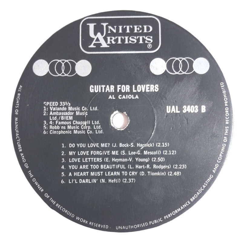 1964 Al Caiola  Guitar For Lovers - Vinyl, 12`, 33 RPM - Jazz - Very Good - With Cover