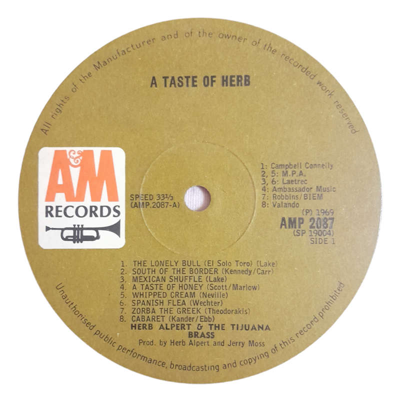 1969 Herb Alpert & The Tijuana Brass  A Taste Of Herb - Vinyl, 12`, 33 RPM - Jazz - Very Good - Wit