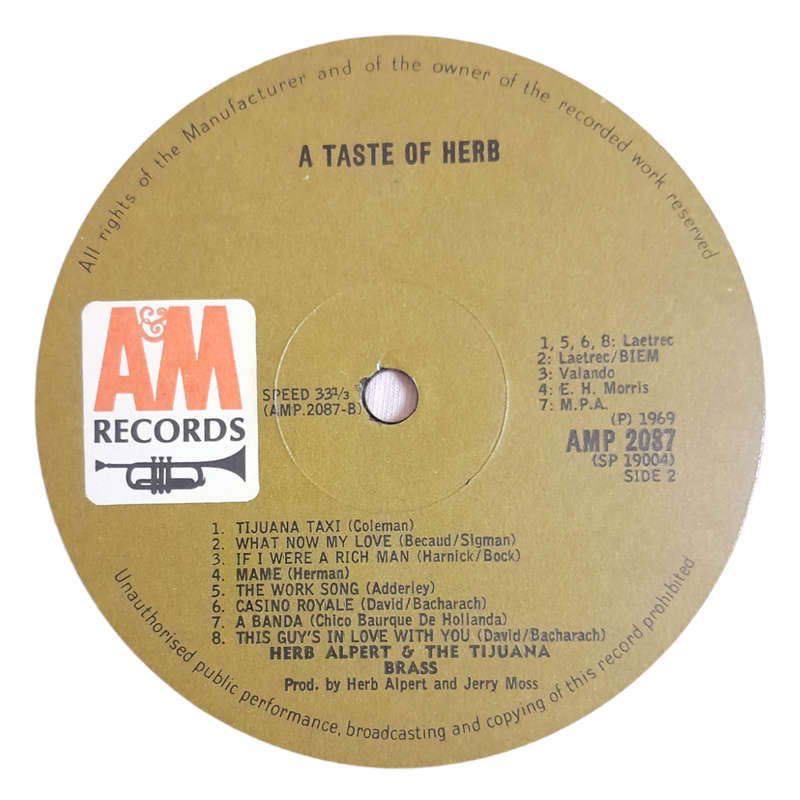 1969 Herb Alpert & The Tijuana Brass  A Taste Of Herb - Vinyl, 12`, 33 RPM - Jazz - Very Good - Wit