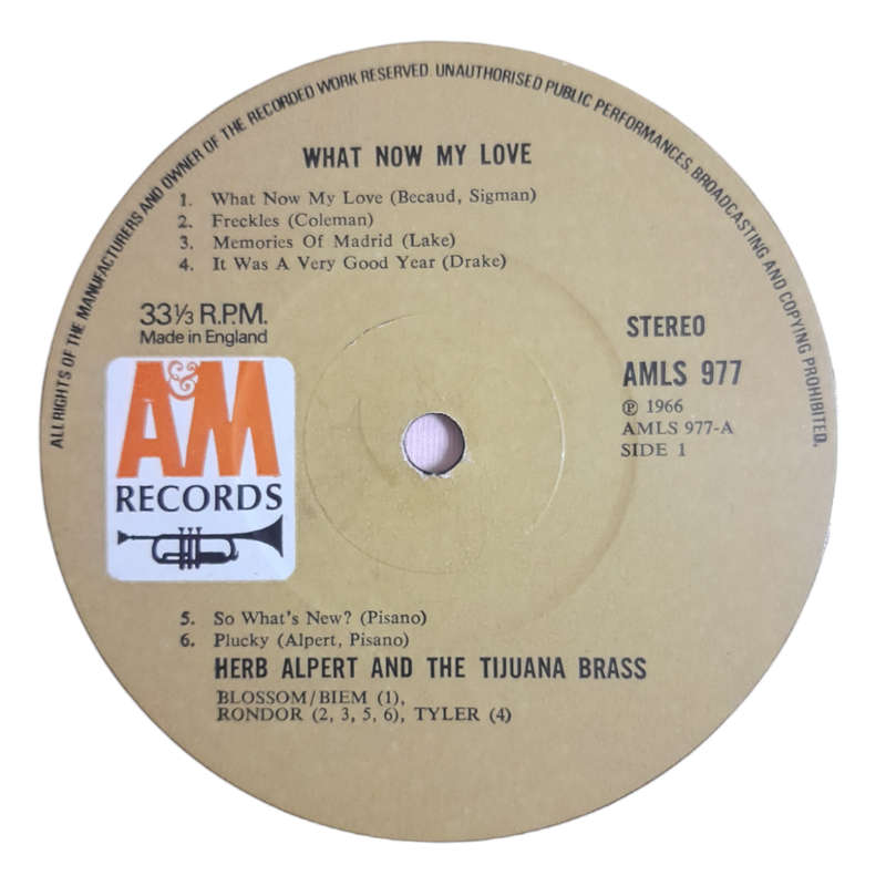 1966 Herb Alpert & The Tijuana Brass  What Now My Love - Vinyl, 12`, 33 RPM - Jazz - Very Good - Wi