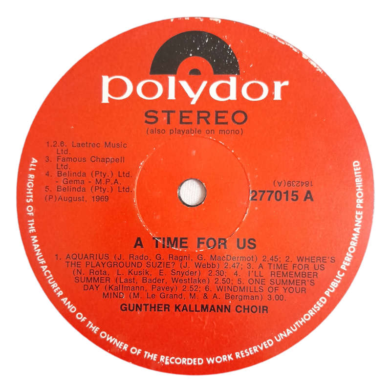 1969 Gunther Kallmann Choir - A Time For Us - Vinyl, 12`, 33 RPM - Pop - Very Good - With Cover