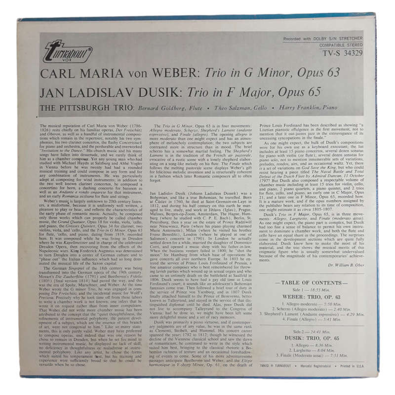 1970 Weber / Dusik, Pittsburgh Musica Viva Trio  Trios For Flute, Cello And Piano - Vinyl, 12`, 22