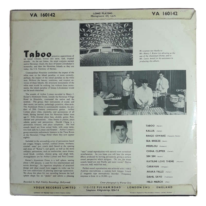 1958 Arthur Lyman  Taboo - The Exotic Sounds Of Arthur Lyman - Vinyl, 12`, 33 RPM - Jazz - Very Goo