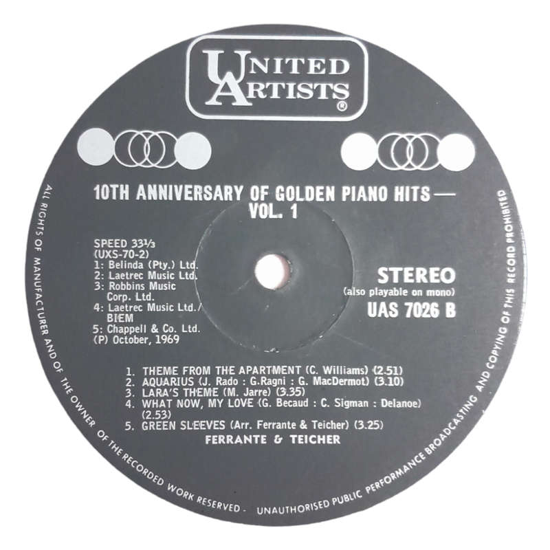 1969 Ferrante & Teicher  10th Anniversary Of Golden Piano Hits - Vinyl, 12`, 33 RPM - Jazz - Very G
