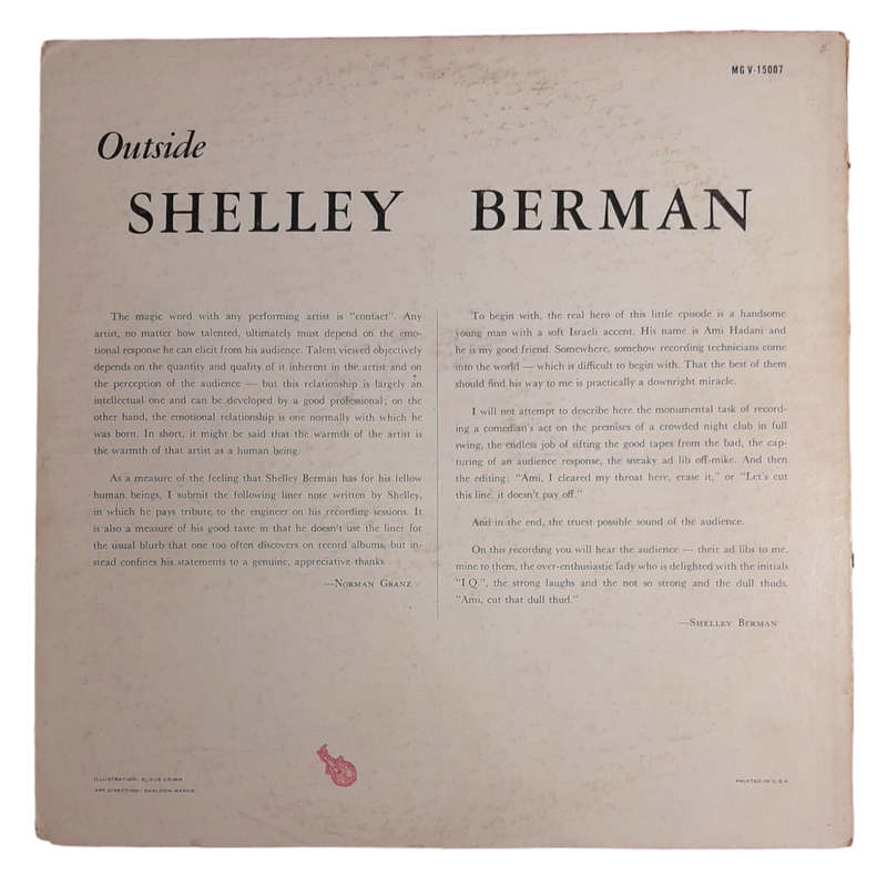 1959 Shelley Berman  Outside Shelley Berman - Vinyl, 12`, 33 RPM - Other - Very Good Plus - With Co