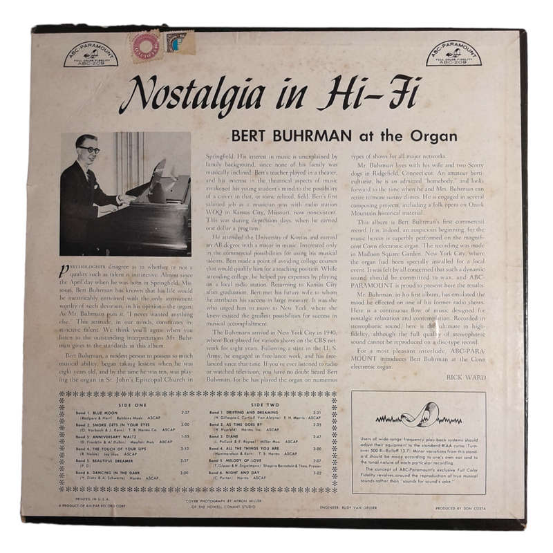 1957 Bert Buhrman  Nostalgia In Hi-Fi - Vinyl, 12`, 33 RPM - Pop - Very Good - With Cover