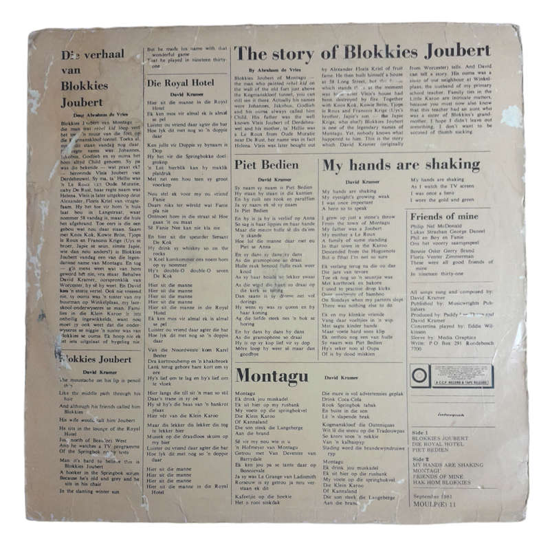 1981 David Kramer - Die Verhaal Van Blokkies Joubert - Vinyl, 12`, 33 RPM - Afrikaans - Very Good -