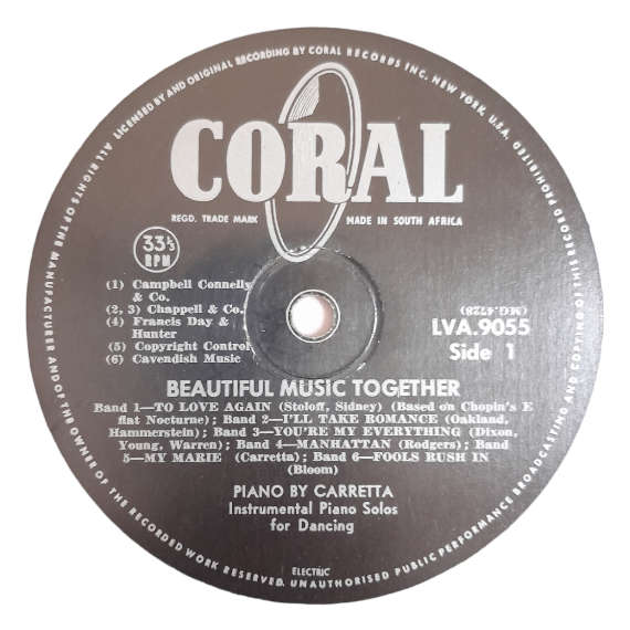 1957 Carretta  Beautiful Music Together - Vinyl, 12`, 33 RPM - Jazz - Very Good - With Cover