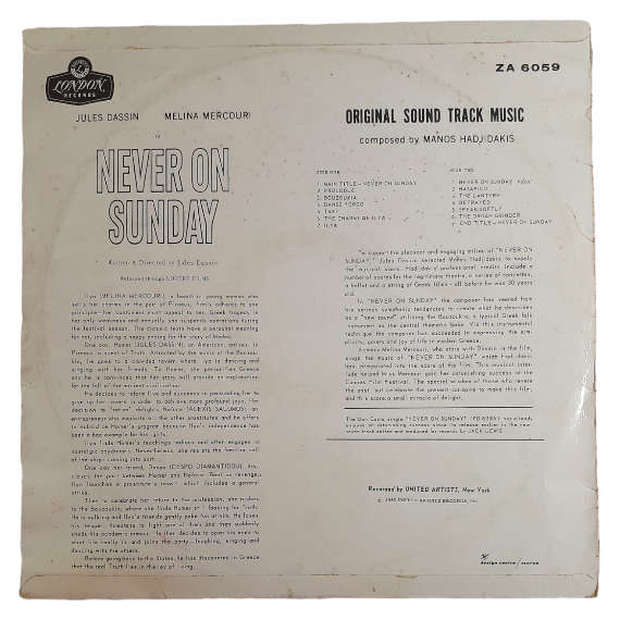 1960 Manos Hadjidakis, Melina Mercouri  Never On Sunday (Original Sound Track Music) - Vinyl, 12`,