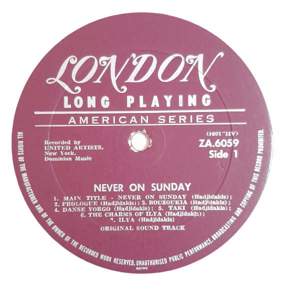 1960 Manos Hadjidakis, Melina Mercouri  Never On Sunday (Original Sound Track Music) - Vinyl, 12`,
