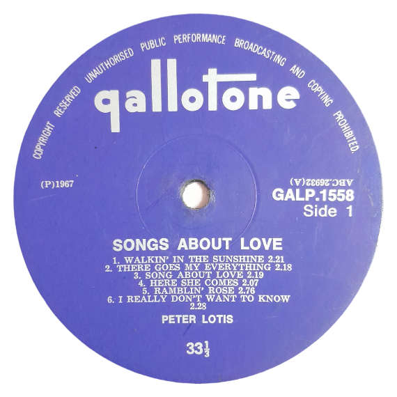 1967 Peter Lotis  Songs About Love - Vinyl, 12`, 33 RPM - Rock - Good - With Cover