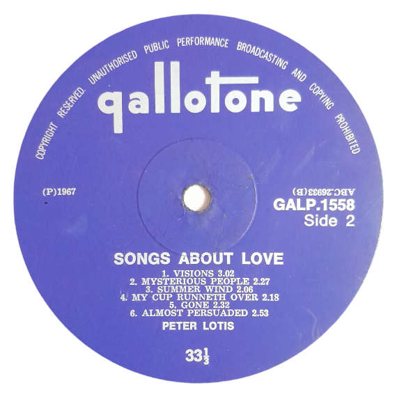1967 Peter Lotis  Songs About Love - Vinyl, 12`, 33 RPM - Rock - Good - With Cover