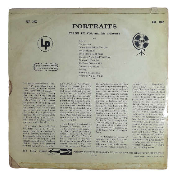 1958 Frank De Vol And His Orchestra  Portraits - Vinyl, 12`, 33 RPM - Jazz - Very Good - With Cover