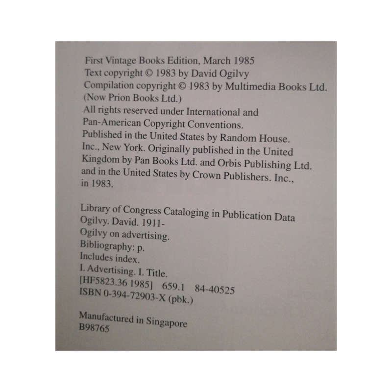1985 Ogilvy On Advertising by David Ogilvy Softcover