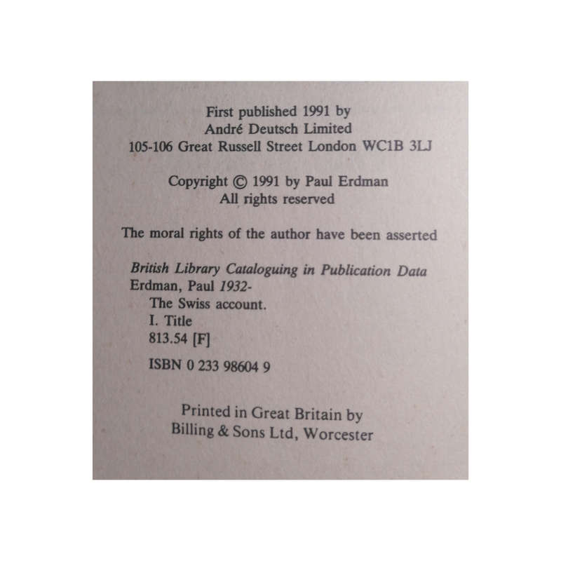 1991 The Swiss Account by Paul Erdman Hardcover w/ Dustjacket