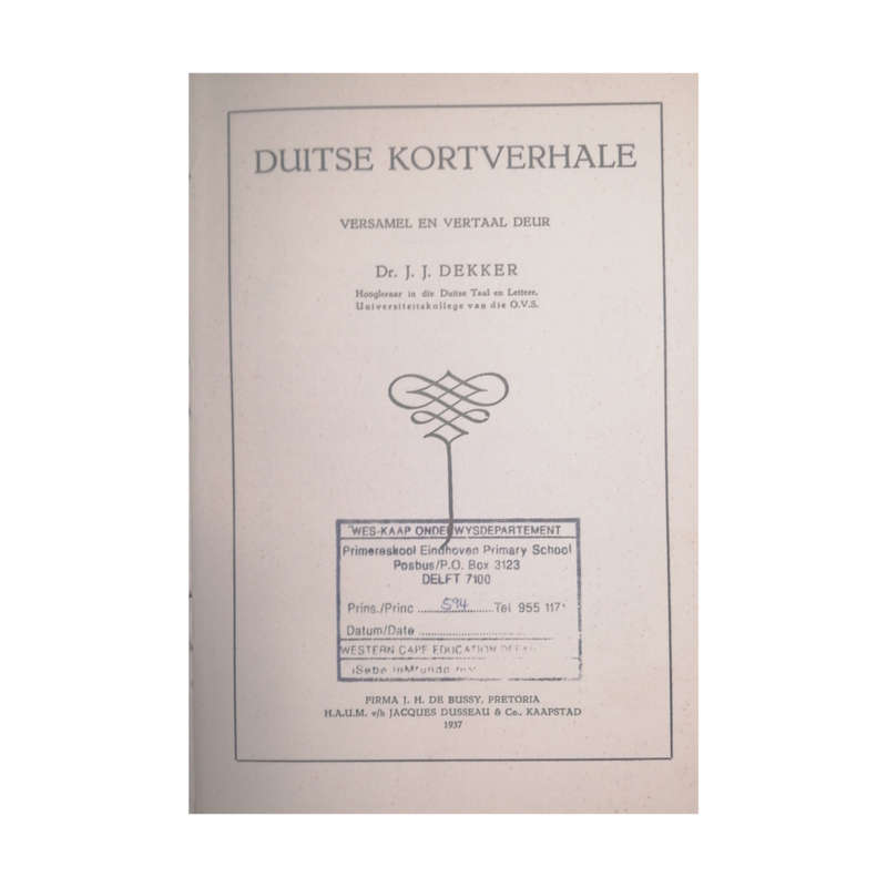 1937 Duitse Kortverhale by Dr. J. J. Dekker Hardcover w/o Dustjacket