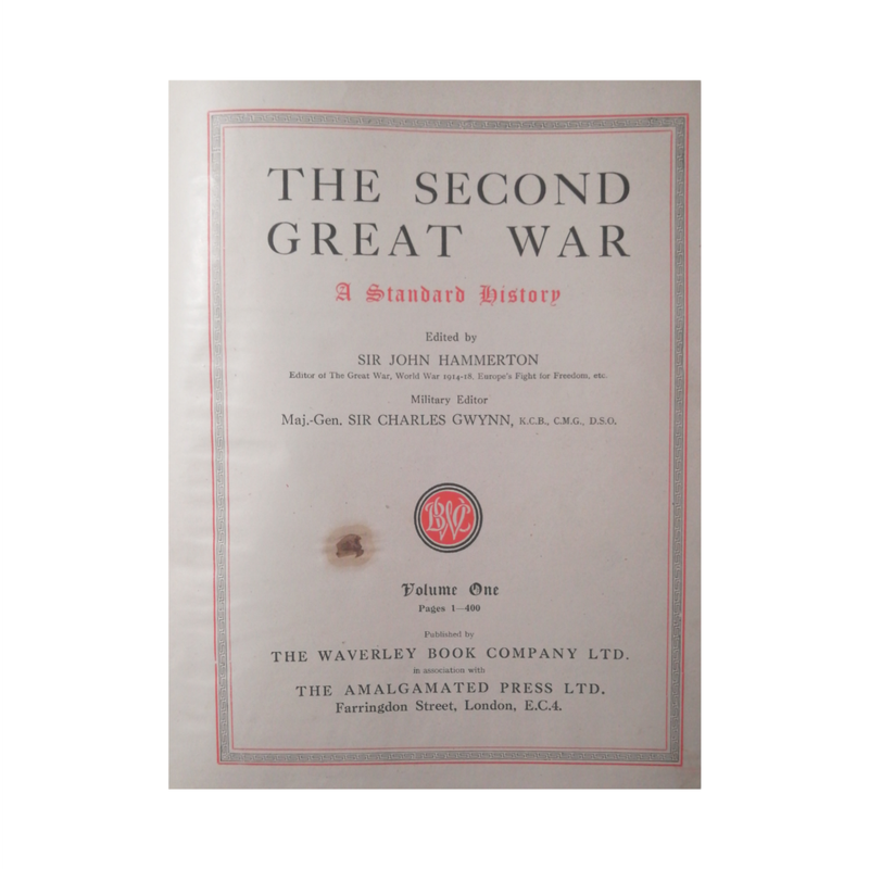 The Second Great War- A Standard History Volume 1 by Sir John Hammerton Hardcover w/o Dustjacket