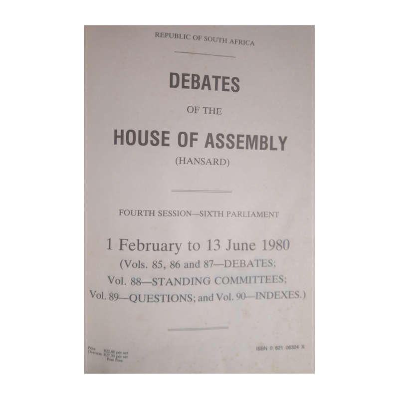 Republic Of South Africa Debates Of The House Assembly 1980 Volume 85 Hardcover w/o Dustjacket