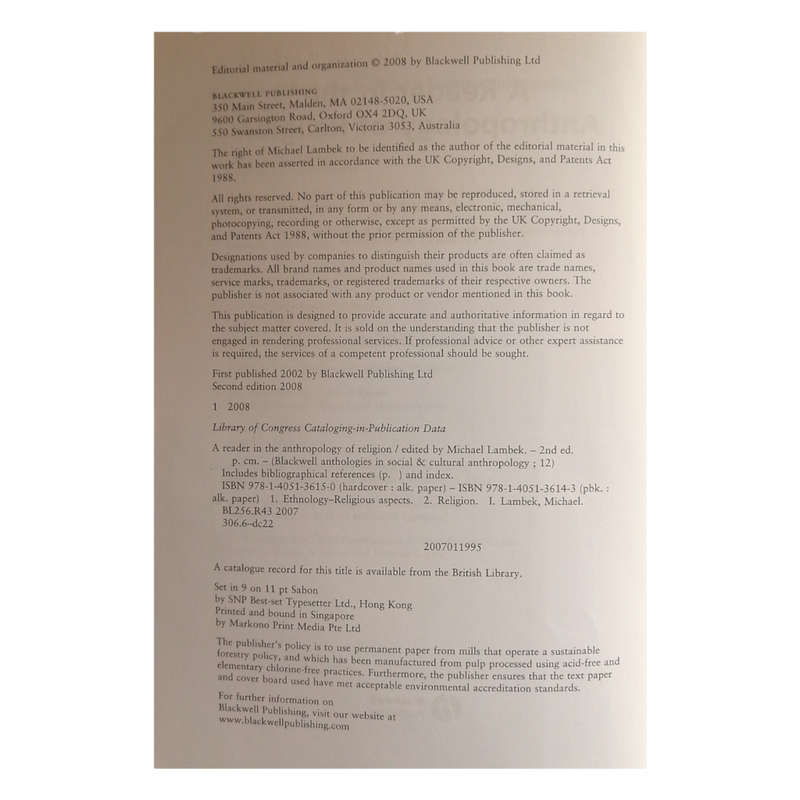 A Reader In The Anthropology Of Religion edited by Michael Lambek 2008 Softcover