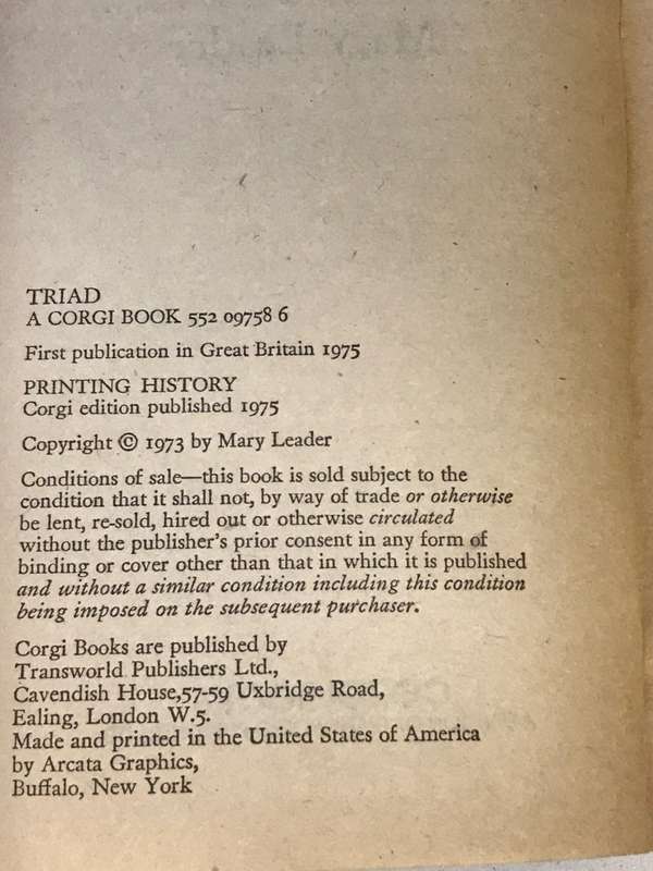 Triad- A Novel Of The Supernatural by Mary Leader 1975 Softcover