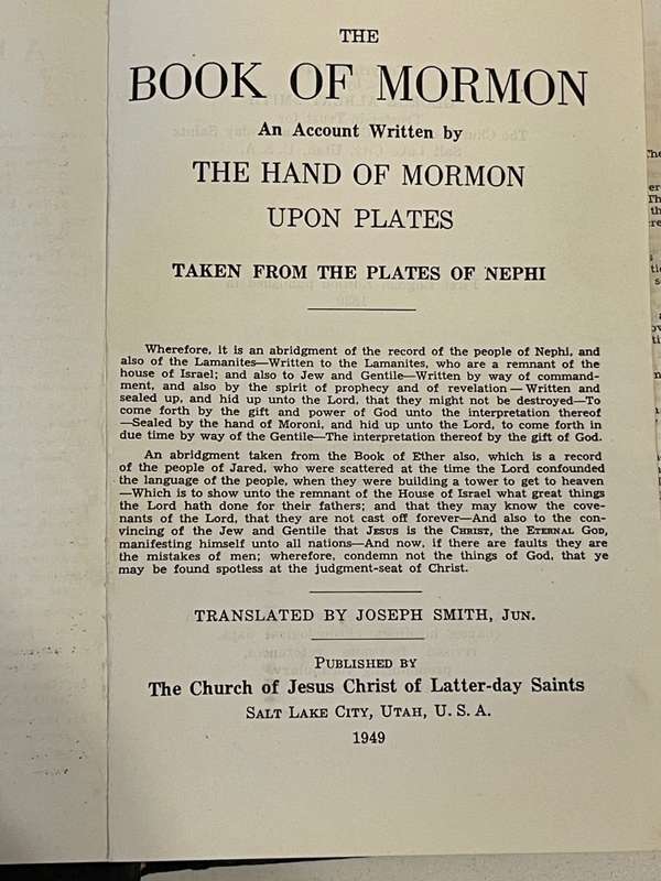 The Book Of Mormon- An Account Written By The Hand Of Mormon Upon Plates 1949 Hardcover w/o Dustjack