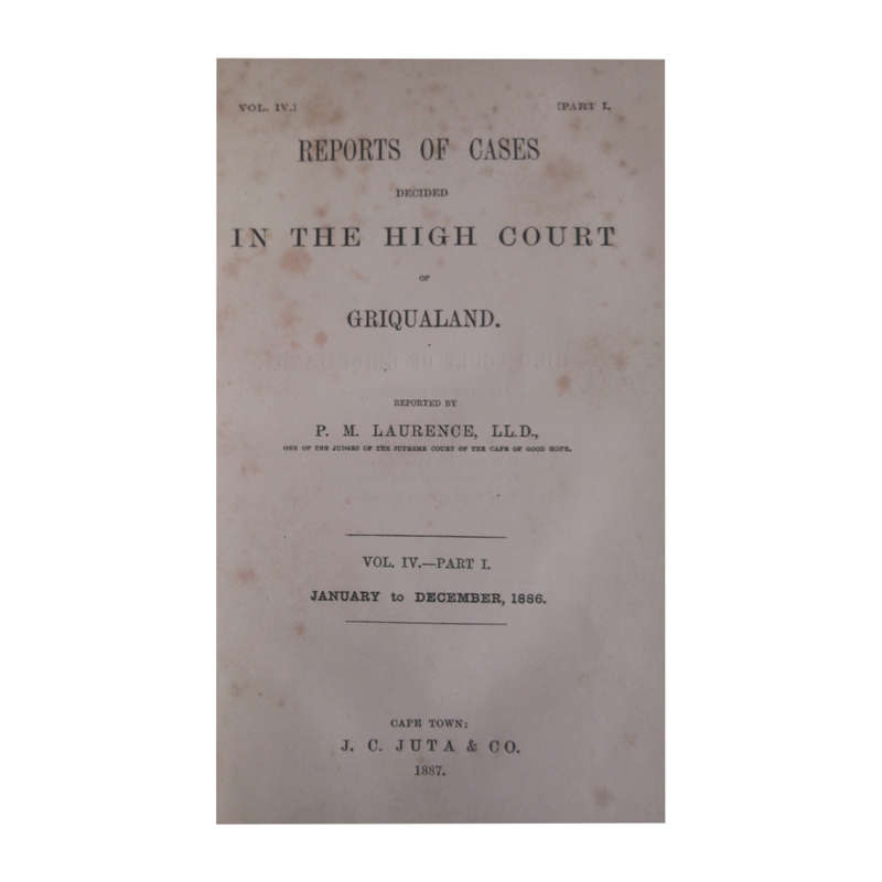1887 Reports Of Cases Decided In The High Court Of Griqualand Volume 4 Part 1 Hardcover w/o Dustjack
