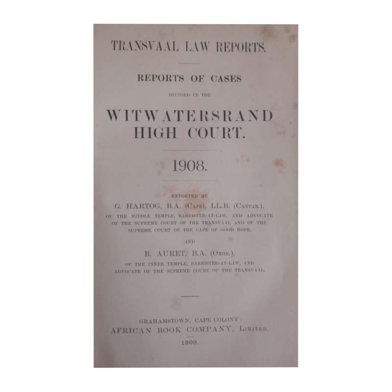 1909 Transvaal Law Reports- Witwatersrand High Court 1908 Hardcover w/o Dustjacket