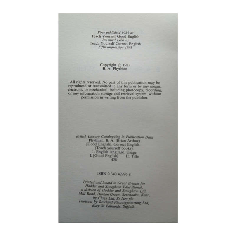 Teach Yourself Correct English by B. A. Phythian 1991 Softcover
