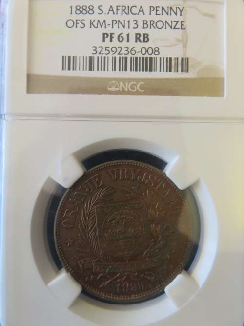 1888 SOUTH AFRICA OFS BRONZE PATTERN PENNY NGC GRADED PROOF 61 RB | RARE |