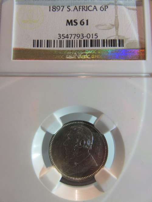 1897 ZAR SILVER 6 Pence NGC GRADED MS61 | Mint State |