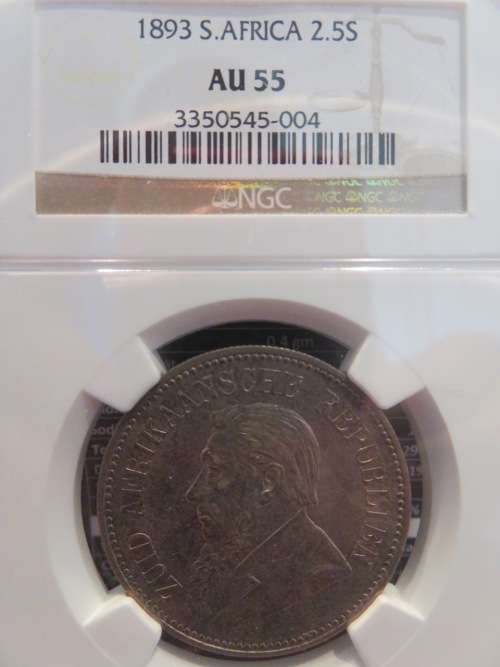 1893 ZAR SILVER 2.5 SHILLING NGC GRADED AU55 | LUSTROUS |