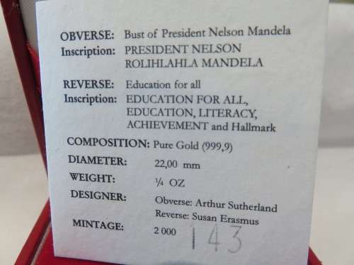 1995 Mandela Education for All 1/4oz Gold 24 Carat | RARE | Fun is Back @ R1 Start