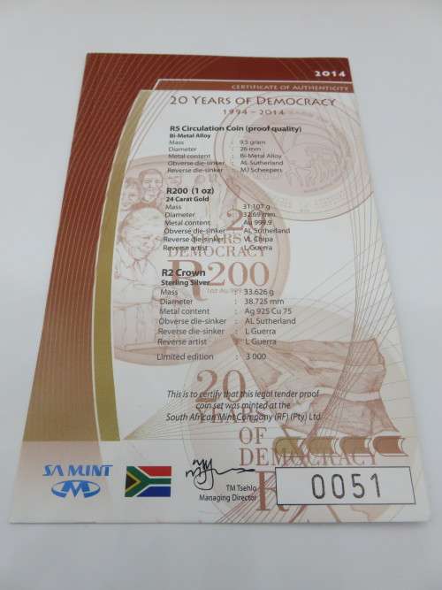 2014 SA Democracy 20 Year Anniversary Prestige Set - 1oz Gold, 1oz Silver and R5 Proof | Fun R1
