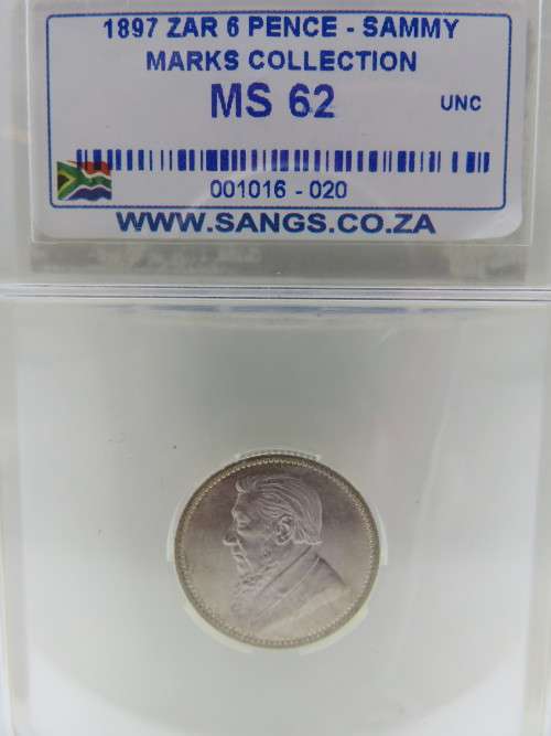 1897 ZAR SILVER 6 PENCE SANGS Graded MS62 - `SAMMY MARKS COLLECTION` | SANGS ERROR