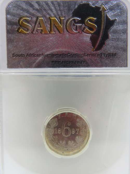 1897 ZAR SILVER 6 PENCE SANGS Graded MS62 - `SAMMY MARKS COLLECTION` | SANGS ERROR
