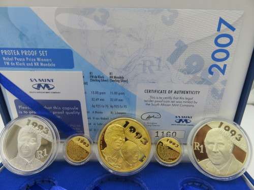 2007 SA Protea Proof Set `Mandela and De Klerk` - 1oz, 2 x 1/10th Gold and 2 x R1 Silver