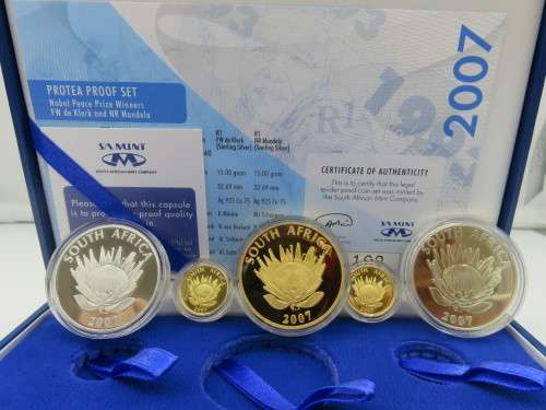 2007 SA Protea Proof Set `Mandela and De Klerk` - 1oz, 2 x 1/10th Gold and 2 x R1 Silver