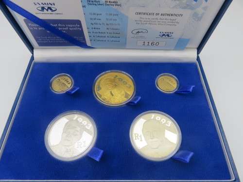 2007 SA Protea Proof Set `Mandela and De Klerk` - 1oz, 2 x 1/10th Gold and 2 x R1 Silver