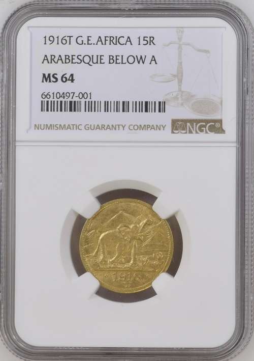 German East Africa: German Colony: Wilhelm II gold 15 Rupien `Tabora Pound` of 1916-T MS 64 NGC
