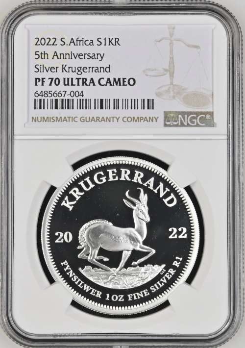 South Africa: Republic S1KR 5th Anniversary Silver Krugerrand 1oz of 2022 PF 70 NGC