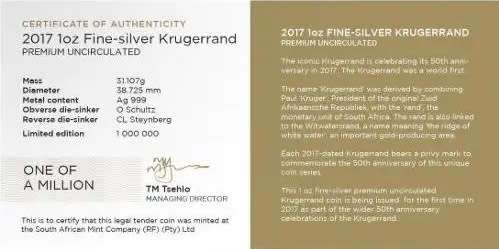 South Africa: Krugerrand `50th Anniversary Mintmark` 1oz Silver of 2017 with Pouch & Certificate