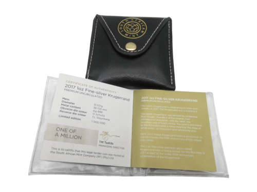 South Africa: Krugerrand `50th Anniversary Mintmark` 1oz Silver of 2017 with Pouch & Certificate