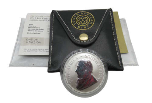 South Africa: Krugerrand `50th Anniversary Mintmark` 1oz Silver of 2017 with Pouch & Certificate