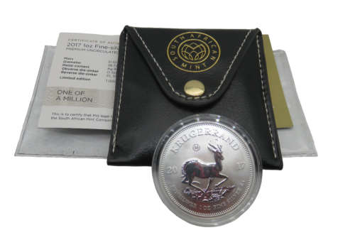South Africa: Krugerrand `50th Anniversary Mintmark` 1oz Silver of 2017 with Pouch & Certificate