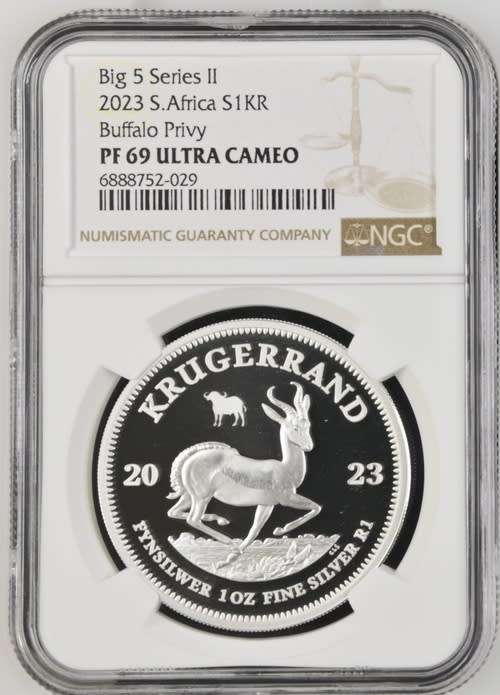 South Africa: Silver Krugerrand 1oz: Big 5 Series II: Buffalo Privy of 2023 PF 69 NGC.