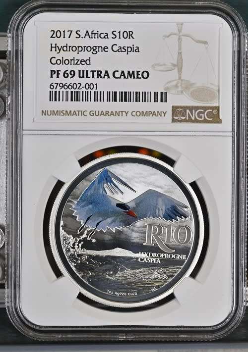 South Africa: Republic Hydroprogne Caspia (Caspian Tern) Colourized R10 (1oz Silver) of 2017 PF 69