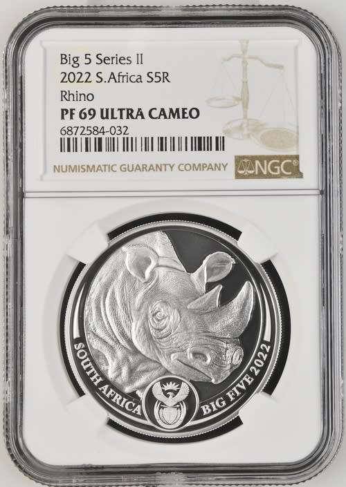 South Africa: Republic 1oz Silver R5 Big 5  Rhino of 2022 Proof 69 Ultra Cameo NGC