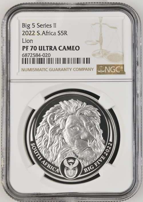 South Africa: Republic 1oz Silver R5 Big 5  Lion of 2022 Proof 70 Ultra Cameo NGC Graded Proof PF70