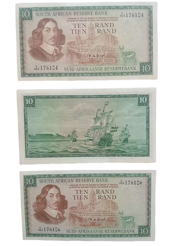 Crazy R1 Start - 3 x South Africa R10 Notes In Sequence -  TW De Jongh of 1975 - Condition AU/UNC